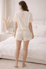 Beige Minimal Print Lycra Night Suit Set – Soft Neutral Lounge Co-Ord Shorts Set for Women - Image 2