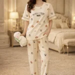 Premium Cream Full-Length Lycra Night Suit Set – Cozy Printed Lounge Wear for Women