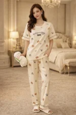 Premium Cream Full-Length Lycra Night Suit Set – Cozy Printed Lounge Wear for Women