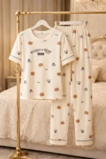 Premium Cream Full-Length Lycra Night Suit Set – Cozy Printed Lounge Wear for Women - Image 4