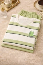 Green Stripe Lycra Full-Length Night Suit Set – Soft Casual Lounge Wear for Women - Image 5