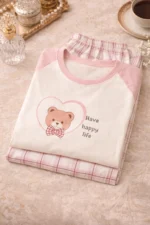 Pink Teddy Lycra Full-Length Night Suit Set – Soft Printed Cozy Lounge Wear for Women - Image 5