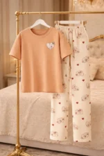 Peach Printed Lycra Full-Length Night Suit Set – Soft Premium Lounge Wear for Women - Image 4