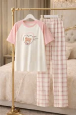 Pink Teddy Lycra Full-Length Night Suit Set – Soft Printed Cozy Lounge Wear for Women - Image 4