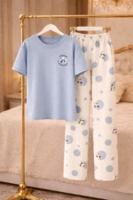 Panda Polka Blue Full-Length Night Suit Set – Soft Lycra Premium Lounge Wear for Women - Image 4