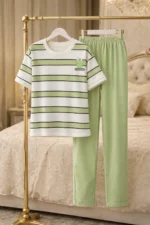 Green Stripe Lycra Full-Length Night Suit Set – Soft Casual Lounge Wear for Women - Image 4