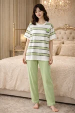Green Stripe Lycra Full-Length Night Suit Set – Soft Casual Lounge Wear for Women