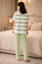 Green Stripe Lycra Full-Length Night Suit Set – Soft Casual Lounge Wear for Women - Image 2