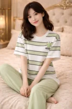 Green Stripe Lycra Full-Length Night Suit Set – Soft Casual Lounge Wear for Women - Image 3