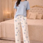 Panda Polka Blue Full-Length Night Suit Set – Soft Lycra Premium Lounge Wear for Women