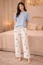 Panda Polka Blue Full-Length Night Suit Set – Soft Lycra Premium Lounge Wear for Women