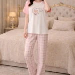 Pink Teddy Lycra Full-Length Night Suit Set – Soft Printed Cozy Lounge Wear for Women