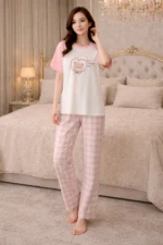 Pink Teddy Lycra Full-Length Night Suit Set – Soft Printed Cozy Lounge Wear for Women