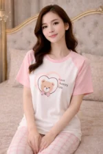 Pink Teddy Lycra Full-Length Night Suit Set – Soft Printed Cozy Lounge Wear for Women - Image 3