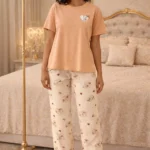 Peach Printed Lycra Full-Length Night Suit Set – Soft Premium Lounge Wear for Women