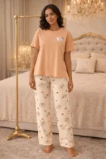 Peach Printed Lycra Full-Length Night Suit Set – Soft Premium Lounge Wear for Women