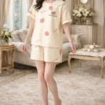 Strawberry Bear Print Lycra Night Suit Set – Premium Stretch Summer Co-Ord