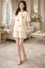 Strawberry Bear Print Lycra Night Suit Set – Premium Stretch Summer Co-Ord