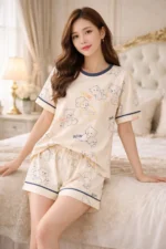 Teddy Print Lycra Night Suit Set – Premium Stretch Summer Co-Ord - Image 3