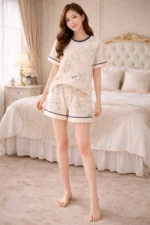 Teddy Print Lycra Night Suit Set – Premium Stretch Summer Co-Ord