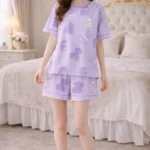 Lavender Play Print Lycra Night Suit Set – Premium Stretch Summer Co-Ord
