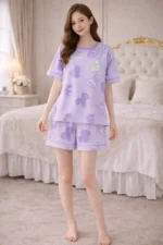 Lavender Play Print Lycra Night Suit Set – Premium Stretch Summer Co-Ord