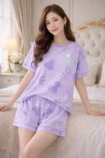 Lavender Play Print Lycra Night Suit Set – Premium Stretch Summer Co-Ord - Image 3
