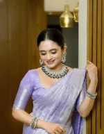 Silver Aura Lavender Shimmer Silk Saree with Minimal Weaving - Image 9