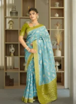 Sky Blue & Panna Green Royal Elephant Motif Silk Saree with Zari Border – Festive & Wedding Wear - Image 11