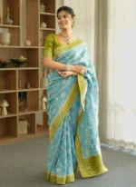 Sky Blue & Panna Green Royal Elephant Motif Silk Saree with Zari Border – Festive & Wedding Wear - Image 10