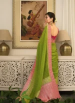 Panna Green Silk Saree with Rani Pink Zari Border & Elegant Motif Weaving – Festive & Wedding Wear - Image 4