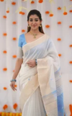 Kerala Style Soft Cotton Silk Saree with Contrast Blouse & Zari Border - Image 17