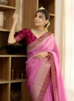 Rose Pink Silk Saree with Rani Contrast Pallu & Antique Zari Border – Festive & Wedding Wear - Image 5