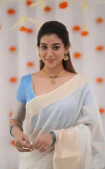 Kerala Style Soft Cotton Silk Saree with Contrast Blouse & Zari Border - Image 16