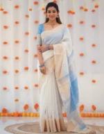 Kerala Style Soft Cotton Silk Saree with Contrast Blouse & Zari Border - Image 19