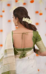 Kerala Style Soft Cotton Silk Saree with Contrast Blouse & Zari Border - Image 12