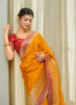 Mustard Yellow Silk Saree with Antique Red Zari Border – Festive, Haldi & Wedding Wear - Image 4