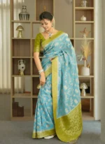 Sky Blue & Panna Green Royal Elephant Motif Silk Saree with Zari Border – Festive & Wedding Wear - Image 9