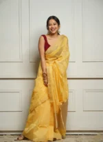 Golden Sheer Tissue Silk Saree with Zari Border – Festive & Occasion Wear - Image 8