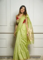 Golden Sheer Tissue Silk Saree with Zari Border – Festive & Occasion Wear - Image 13