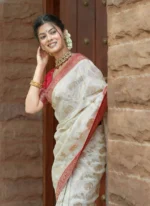 Ivory Silk Saree with Antique Red Zari Border & Royal Motif Weaving – Elegant Wedding & Festive Wear - Image 7