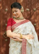 Ivory Silk Saree with Antique Red Zari Border & Royal Motif Weaving – Elegant Wedding & Festive Wear - Image 6