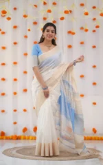 Kerala Style Soft Cotton Silk Saree with Contrast Blouse & Zari Border - Image 15
