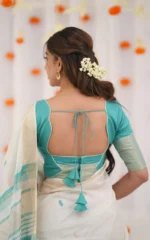 Kerala Style Soft Cotton Silk Saree with Contrast Blouse & Zari Border - Image 5