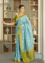 Sky Blue & Panna Green Royal Elephant Motif Silk Saree with Zari Border – Festive & Wedding Wear - Image 8