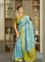 Sky Blue & Panna Green Royal Elephant Motif Silk Saree with Zari Border – Festive & Wedding Wear - Image 7