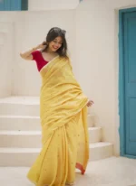 Sunshine Yellow Soft Cotton Saree with Contrast Pallu - Image 6