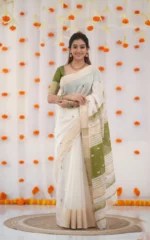 Kerala Style Soft Cotton Silk Saree with Contrast Blouse & Zari Border - Image 11