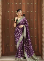 Royal Purple Maharani Motif Silk Saree with Elephant Zari Weaving & Antique Gold Border – Premium Wedding Wear - Image 10