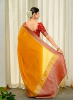 Mustard Yellow Silk Saree with Antique Red Zari Border – Festive, Haldi & Wedding Wear - Image 3